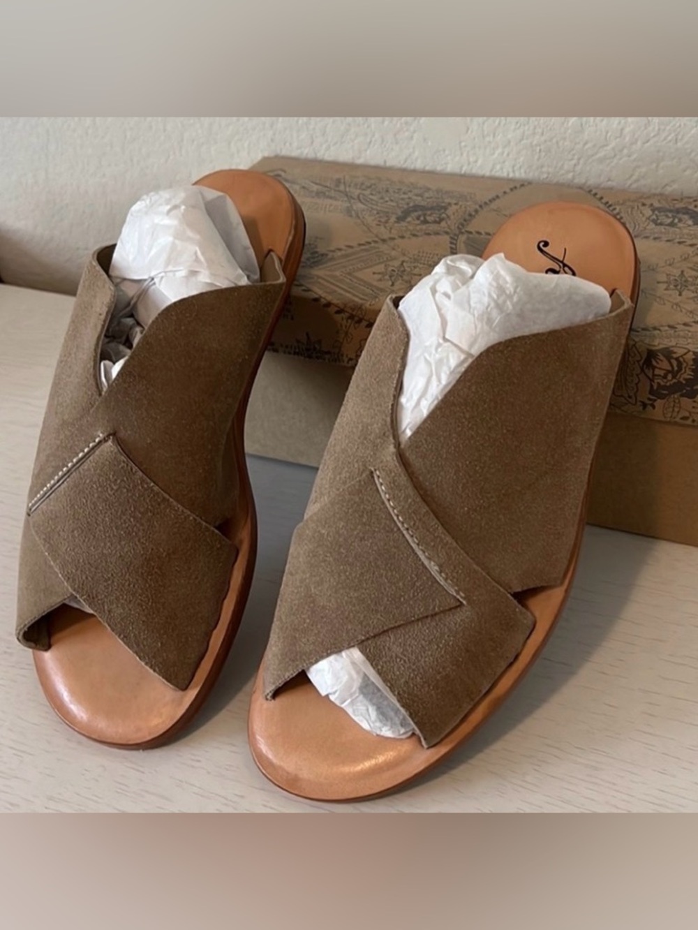 Free People Emila Slip on Sandals in Tan Suede size 41/10 1/2